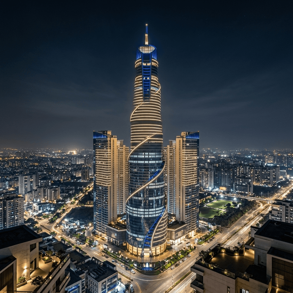 Call Girl Near Supertech Supernova night view with illuminated Noida skyline, luxury skyscraper architecture, premium urban atmosphere and modern city lights.