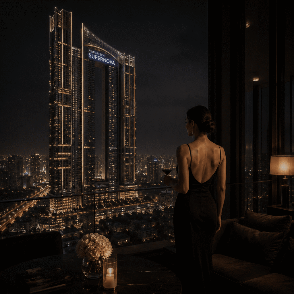 A sophisticated luxury Call Girl enjoying breathtaking night views of Supertech Supernova and the vibrant Noida skyline from an exclusive penthouse atmosphere.