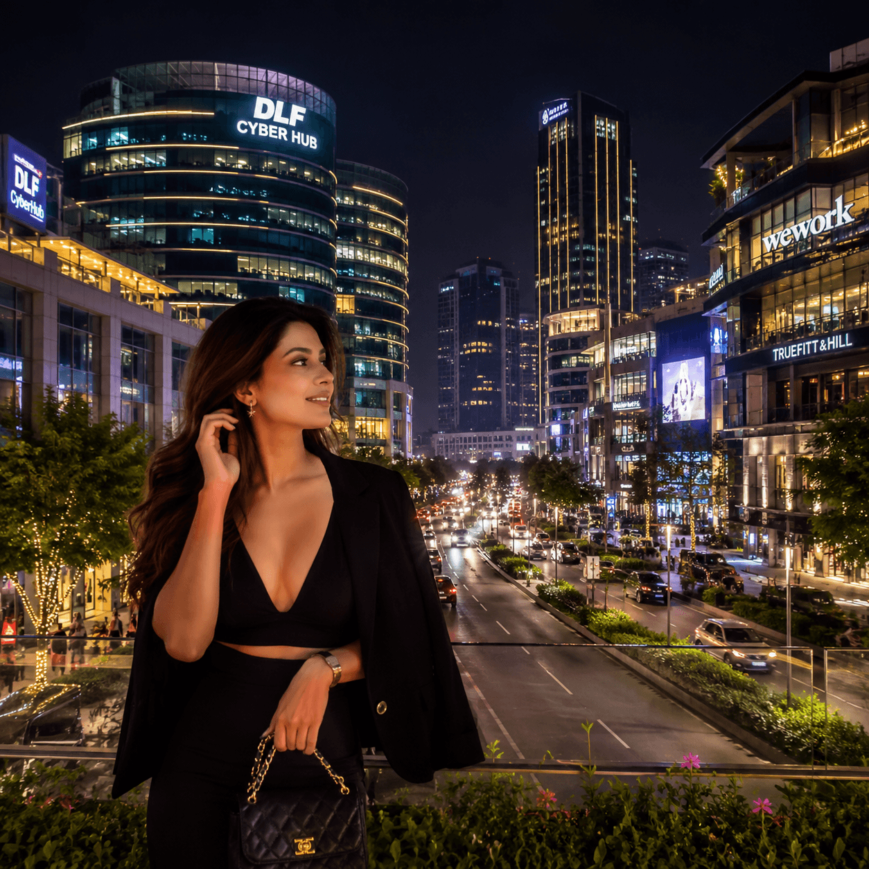 Beautiful night cityscape of Gurgaon with luxury streets and contemporary business district